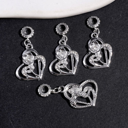 Adorable Silver Alloy Double Heart with Flower & Sparkling Clear Rhinestones Bail Beads, Charm Pendant Jewelry Accessories