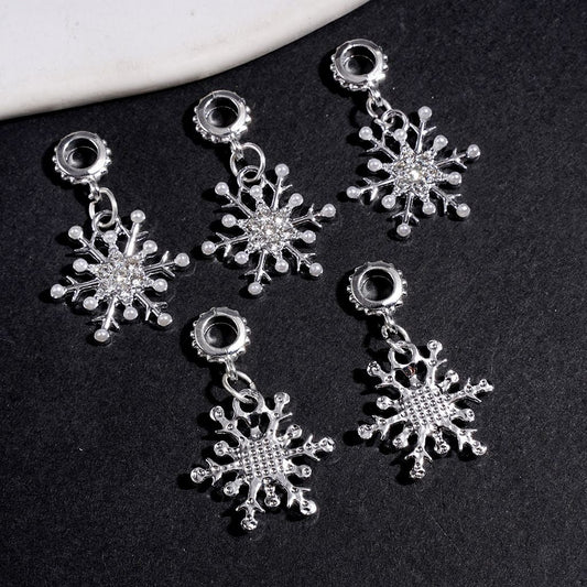 Elegant Silver Snowflake with White Pearl Accents & Sparkling Clear Rhinestones Bail Beads, Charm Pendant Jewelry Accessories