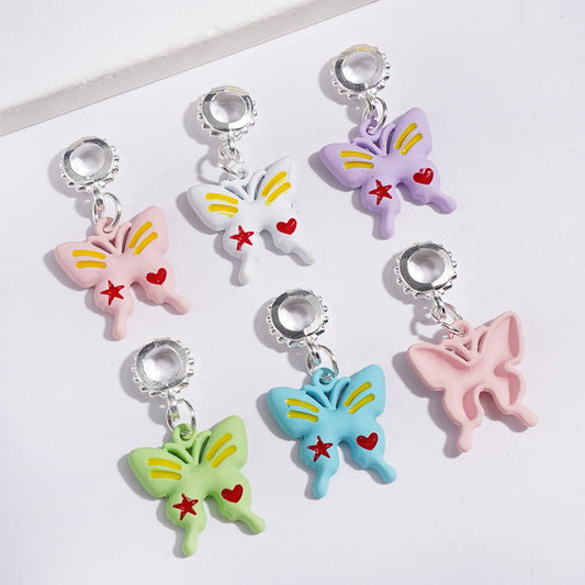 Cute Butterfly with Star & Heart Pattern, Silver Metal Bail Loop Beads & Hanging Charm Pendants, Multi-Color, Random Mix