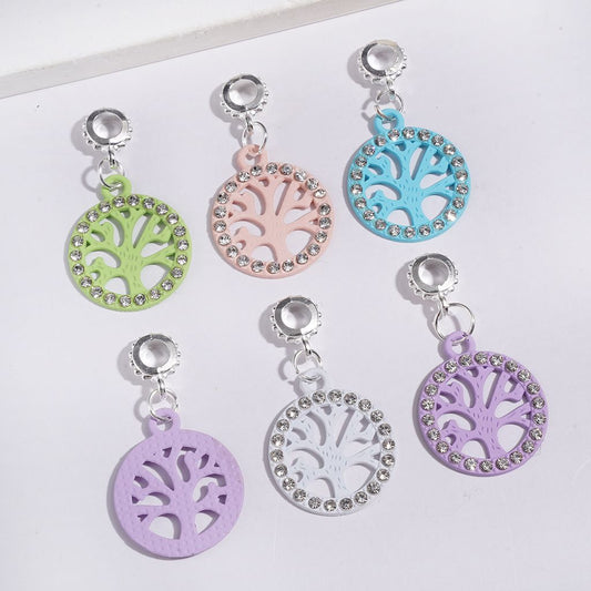 Elegant Tree Design with Clear Rhinestones, Round Hollow Alloy Bail Loop Charm Pendants, Multi-Color, Random Mix