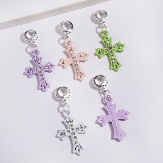 Elegant Cross Design with Clear Rhinestones, Silver Metal Bail Loop Beads & Charm Pendants, Jewelry Accessories, Multi-Color, Random Mix