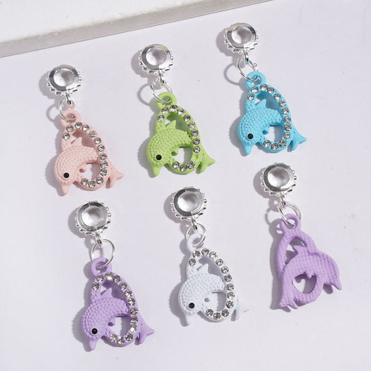 Charming Dolphin Design with Clear Rhinestones, Hollow Oval Alloy Bail Loop Beads & Charm Pendants, Jewelry Accessories, Multi-Color, Random Mix