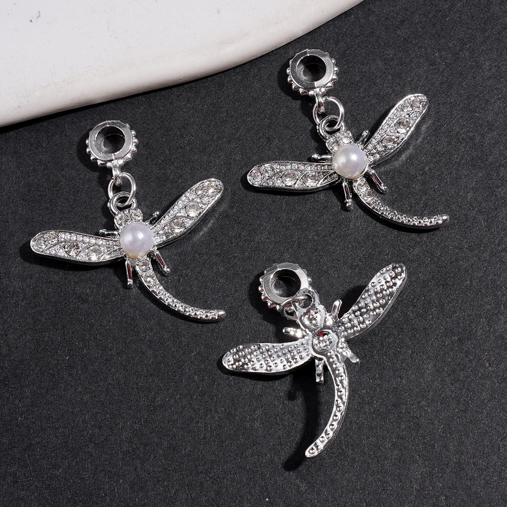Silver Alloy Bail Loop Beads for DIY Jewelry Accessories, Charm Pendants Dragonfly with Clear Rhinestones and White Pearl