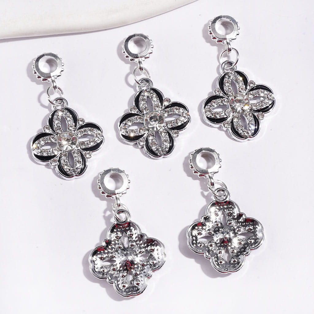 Silver Alloy Bail Loop Beads, Four Clover Leaf with Clear Rhinestones & Black Edge for Hanging Charms or Pendants