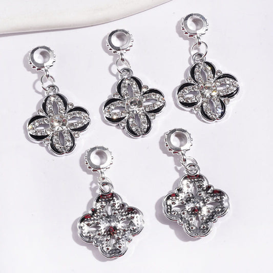 Elegant Four-Leaf Clover with Clear Rhinestone Sparkle & Black Edge, Silver Alloy Bail Loop Beads for Hanging Charms or Pendants