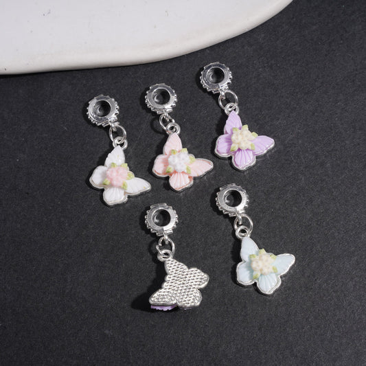 Delicate Butterfly Shaped with Flower & Green Leaf Alloy Bail Beads for Jewelry Accessories, Multicolor, Random Mix