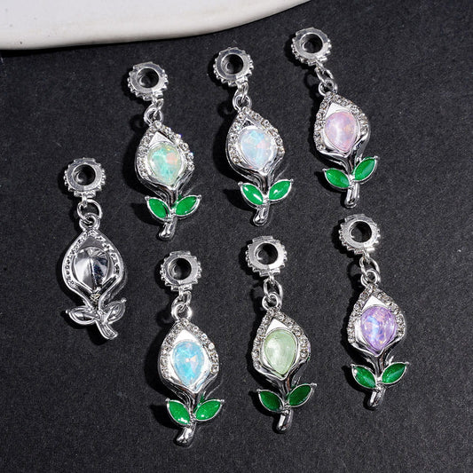 Elegant Tulip Flower with Green Leaves, Water Drop & Clear Rhinestone Alloy Bail Beads for Jewelry Accessories, Multicolor, Random Mix