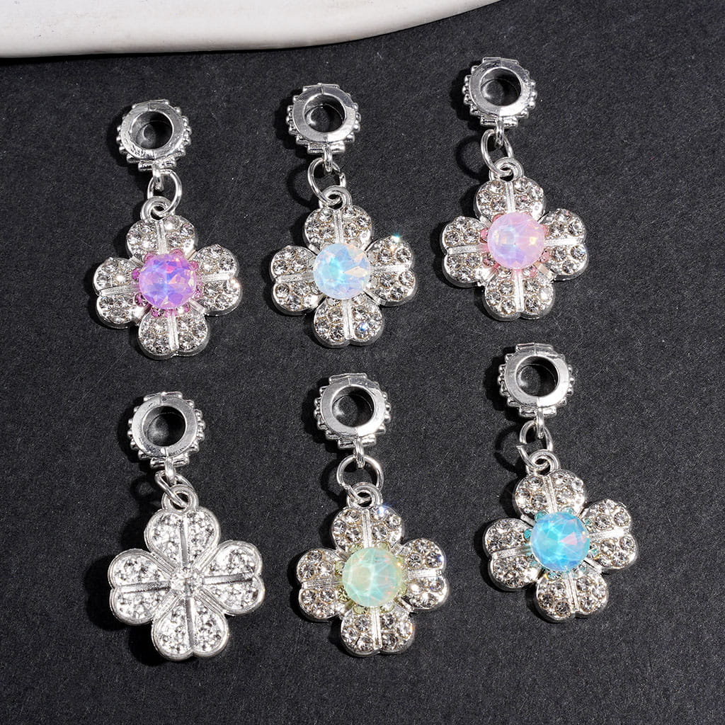 Adorable Four Leaf Clover Flower-Shaped with Round Clear Rhinestone Silver Alloy Bail Loop Beads for Hanging Charms or Pendants, Multi-Color Random Mix