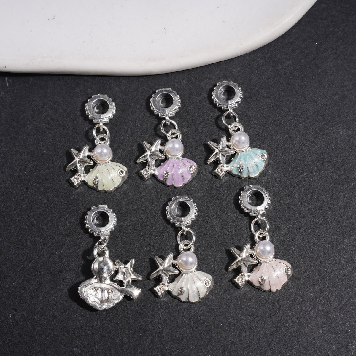 Seaside Scallop Starfish with White Pearl & Clear Rhinestone Charm & Pendants, Multicolor, Random Mix