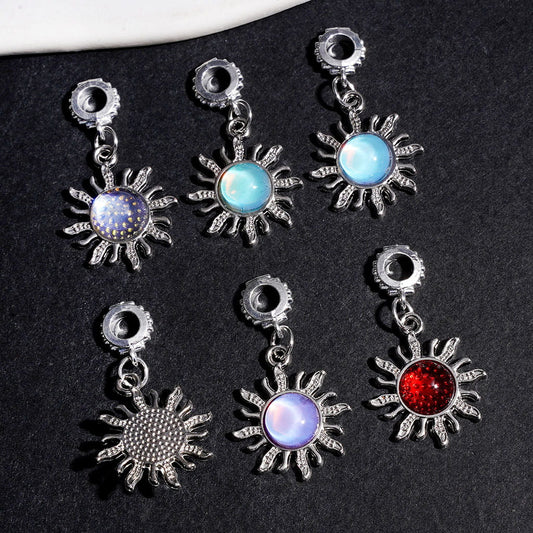 Radiant Sunburst Shaped with Half-Covered Clear Rhinestones Alloy Bail Beads & Charm Pendants for Jewelry Accessories, Multicolor, Random Mix
