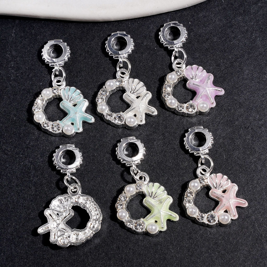 Silver Alloy Bail Loop Beads, Wreath with Scallop Starfish, Clear Rhinestones and White Pearl for Hanging Charms or Pendants, Multi-Color Random Mix