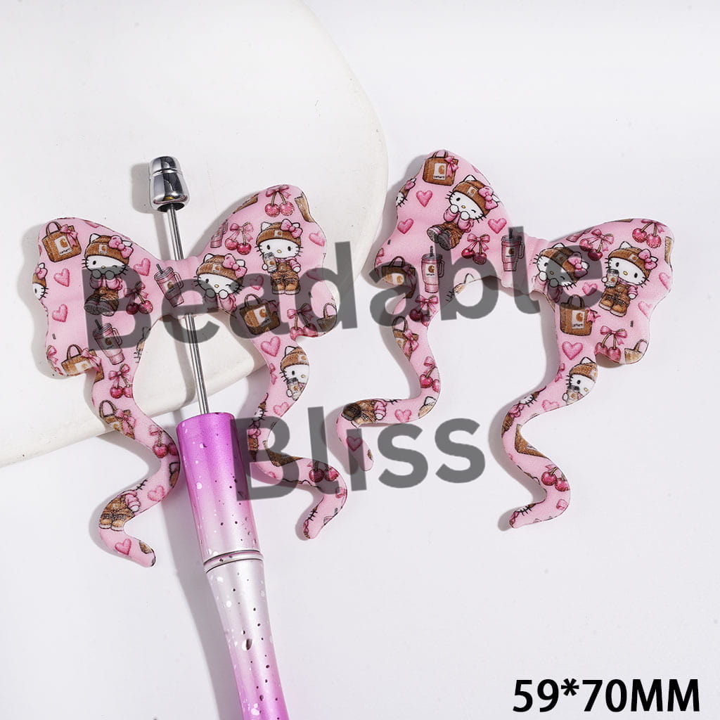 Silicone Focal Beads Bowtie Bowknot with Long Ribbon, Cute Cat Characters with Brown Clothes Print, Pink Background, 59*70MM