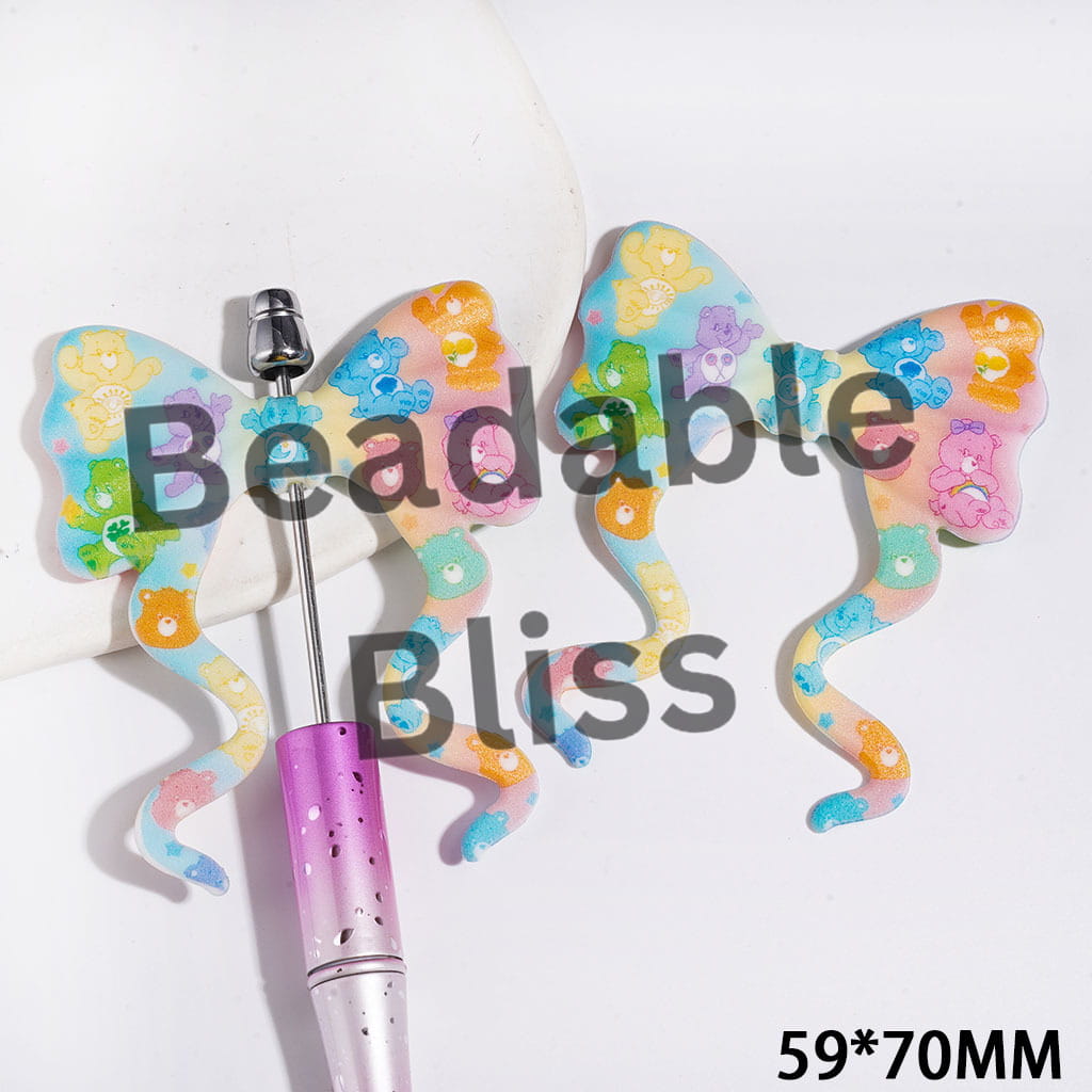 Silicone Focal Beads Bowtie Bowknot with Long Ribbon and Various Style Rainbow Bear Character Print, Gradient Background, 59*70MM