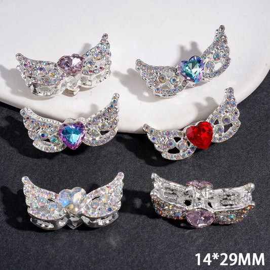 Graceful Angel Wings with Heart & Sparkling Rhinestone Metal Beads, 14*29MM, Multicolor, Random Mix