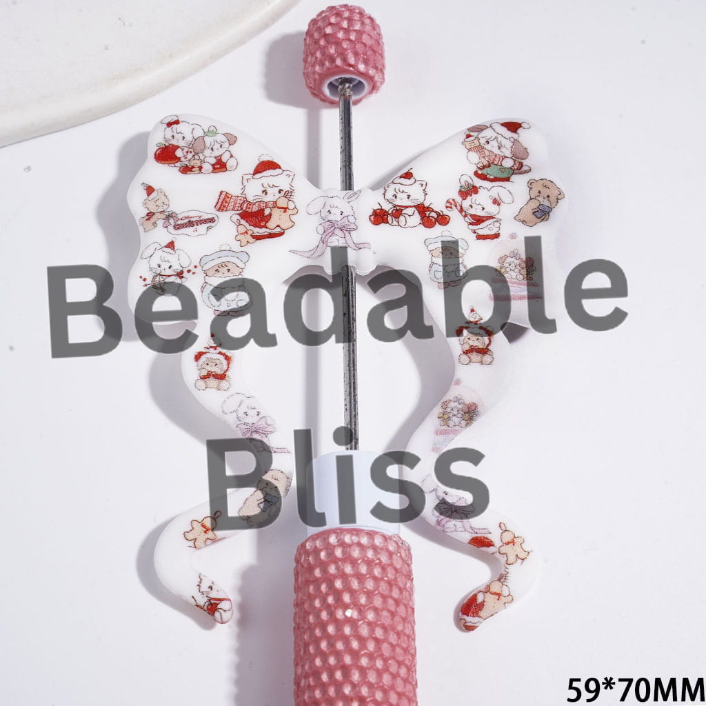 Silicone Focal Beads Soft Bowtie, Bowknot with Long Ribbon and Christmas Cartoon Characters, 59*70MM Random Mix