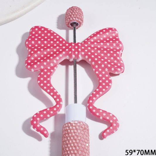Charming White Polka Dot Pattern Soft Bowtie Bowknot with Long Ribbon Silicone Focal Beads, Rose Red Background, 59*70MM