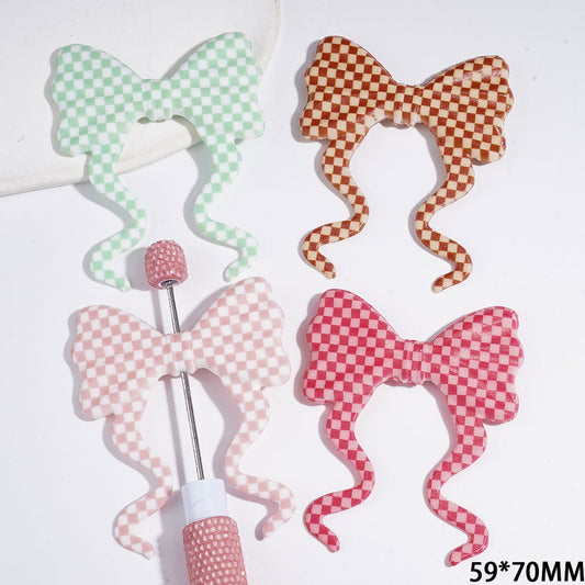 Playful Checkerboard Print Soft Bowtie Bowknot with Long Ribbon Silicone Focal Beads, 59*70MM, Multicolor Random Mix