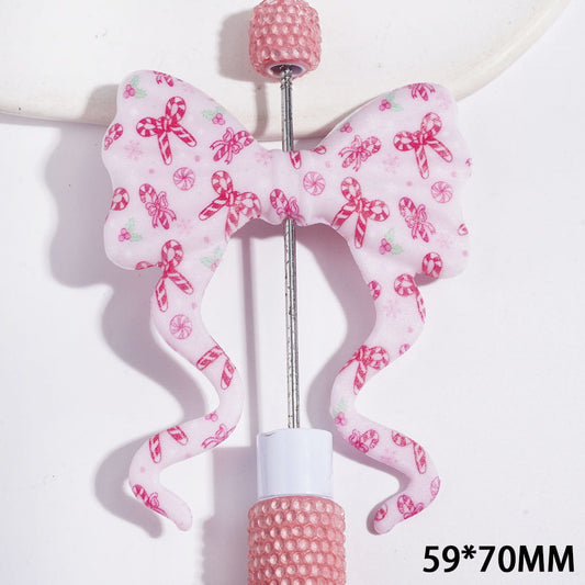 Festive Pink Bow & Candy Cane Design Print Christmas Theme Soft Bowknot with Long Ribbon Shape Silicone Focal Beads, 59*70MM