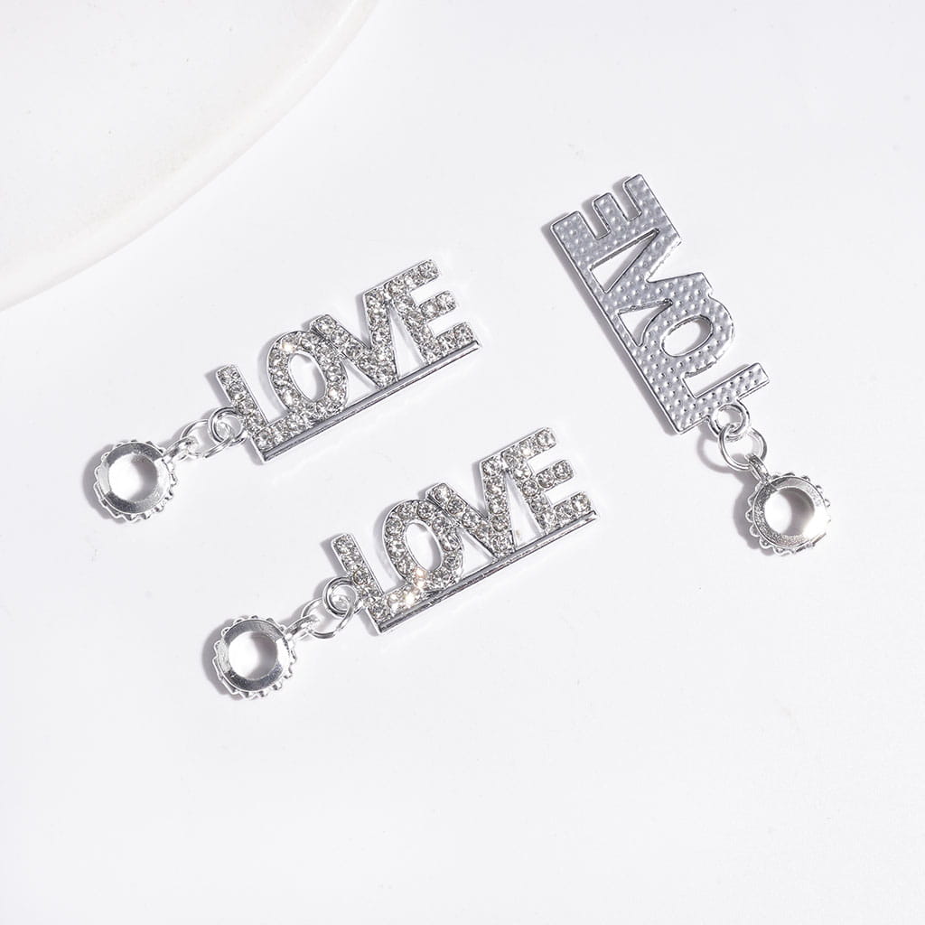 Adorable “Love” Text and Clear Rhinestones Silver Metal Bail Loop Beads for Hanging Charms and Pendants, Jewelry Accessories