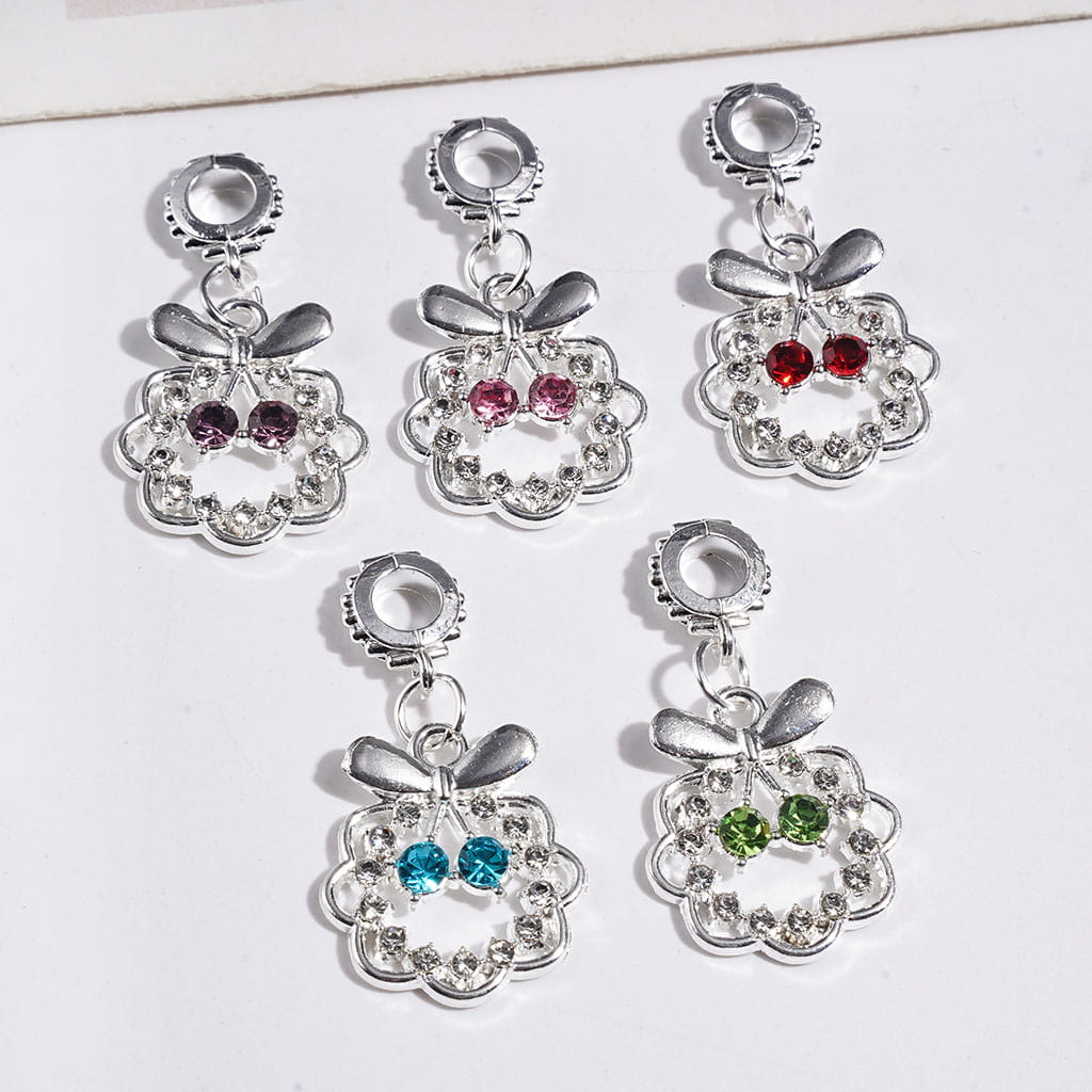 Silver Alloy Bail Beads Flower Cherry with Clear and Cone Shaped Rhinestones, Charm Pendants Jewelry Accessories, Multi-Color Random Mix