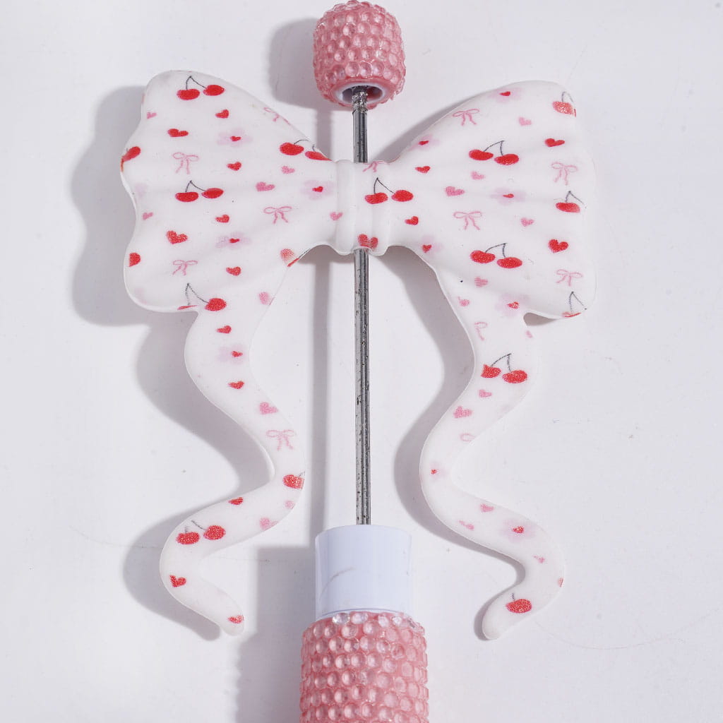 Silicone Focal Beads Bowtie with Long Ribbon and Cherry Bowtie Heart Flower, 59*70MM