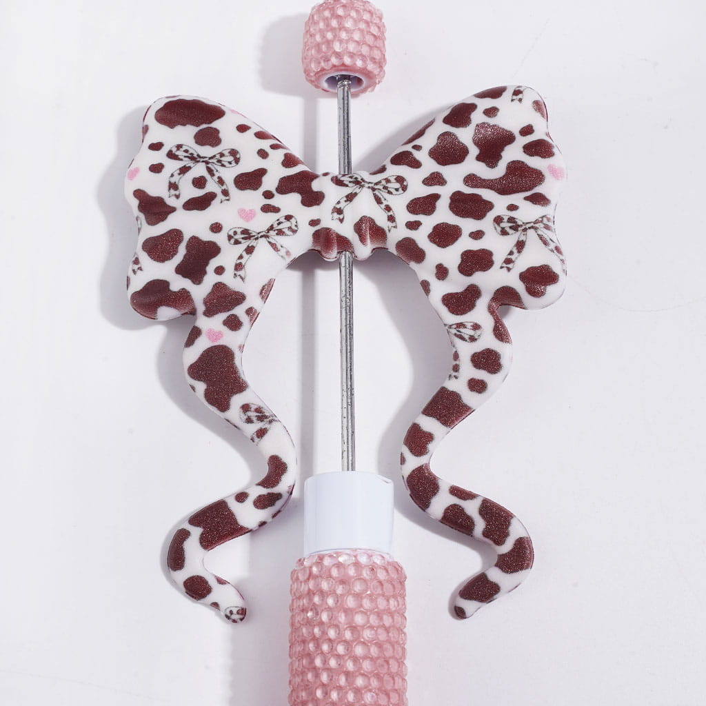 Silicone Focal Beads Bowtie with Long Ribbon, Dark Brown Leopard and Bowtie Print, 59*70MM