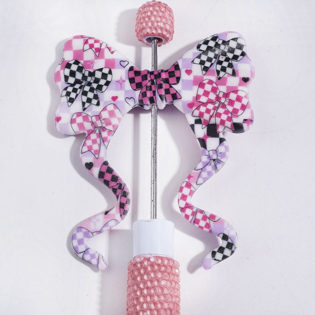 Silicone Focal Beads Soft Bowtie, Bowknot with Long Ribbon and Checkerboard Bowtie Print, 59*70MM