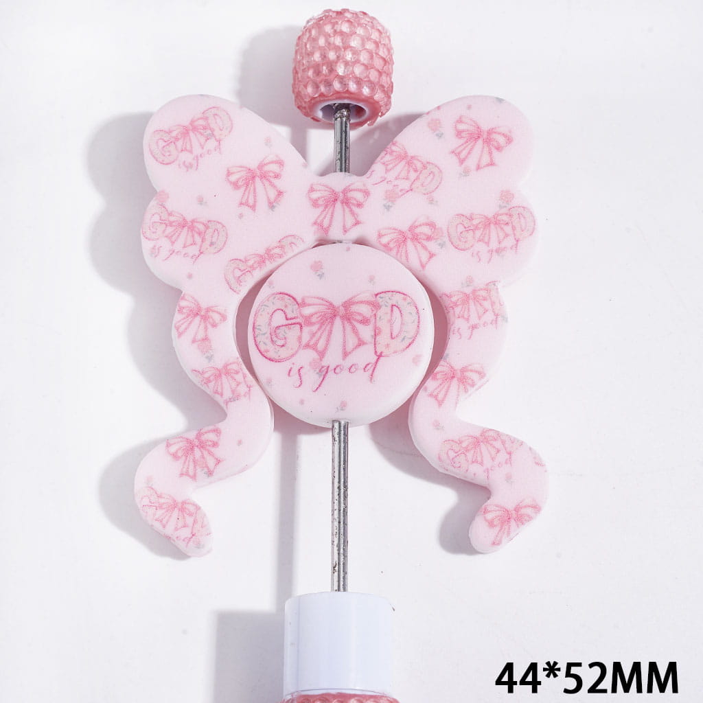 Pink Bowtie and Inspirational Text Designs on Flat Round and Bowtie-Shaped Silicone Focal Beads, 44*52MM