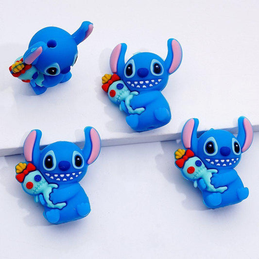 3D Blue Cute Blue Monster Holds a Little Doll Silicone Focal Beads