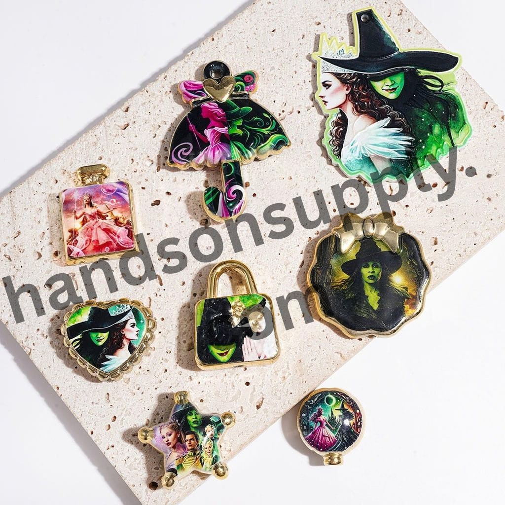 Mystical Pink and Green Magical Witch-Themed Designs with Gold Borders Acrylic Beads and Pendants, Random Mix