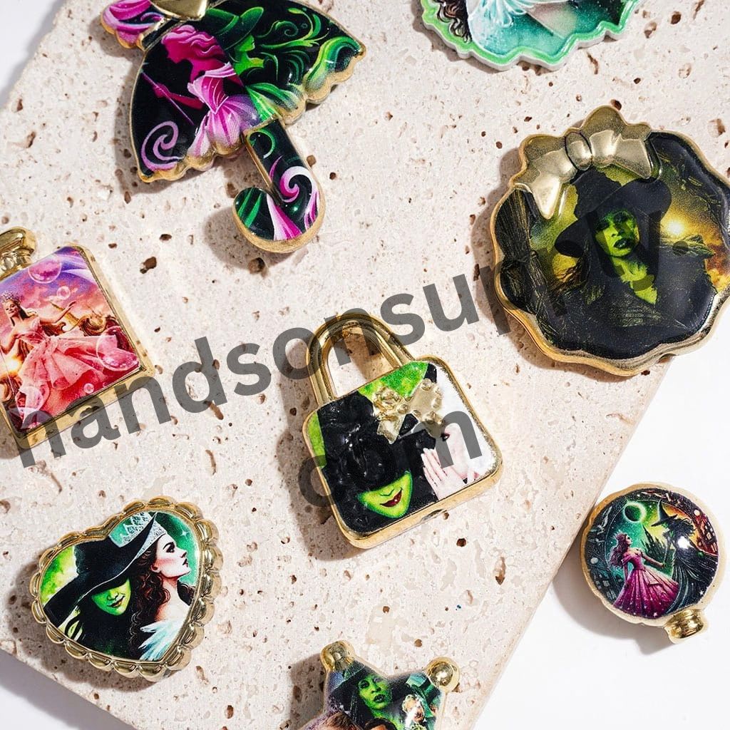 Mystical Pink and Green Magical Witch-Themed Designs with Gold Borders Acrylic Beads and Pendants, Random Mix